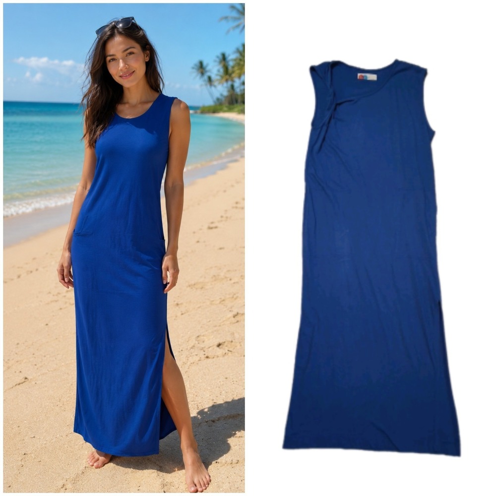 Free People FP Beach Maxi Tank Dress Womens XS Royal Blue Knit Cotton Side Slit